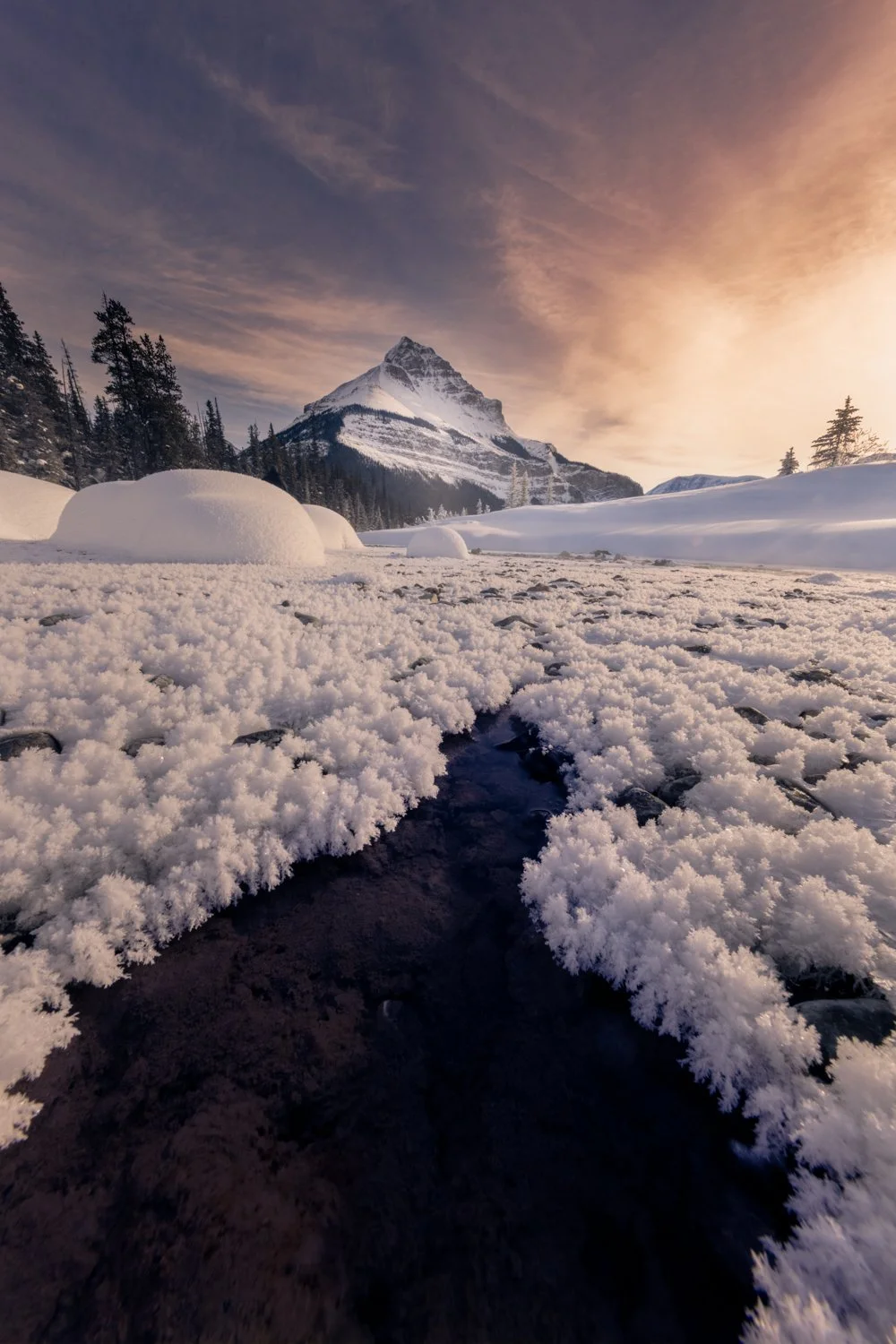 Snow-covered landscape with a stream, large snow mounds, pine trees, and a mountain in the background at sunset. That was a roadside shot in the Canadian Rockies