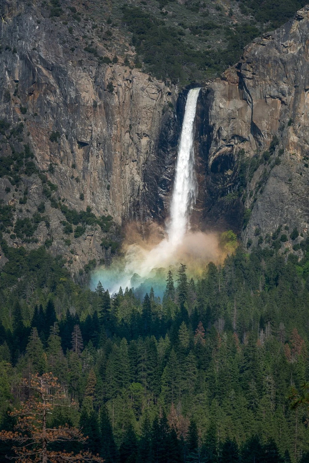 A tall waterfall cascading down a cliff into a forested valley, creating a rainbow at the base.