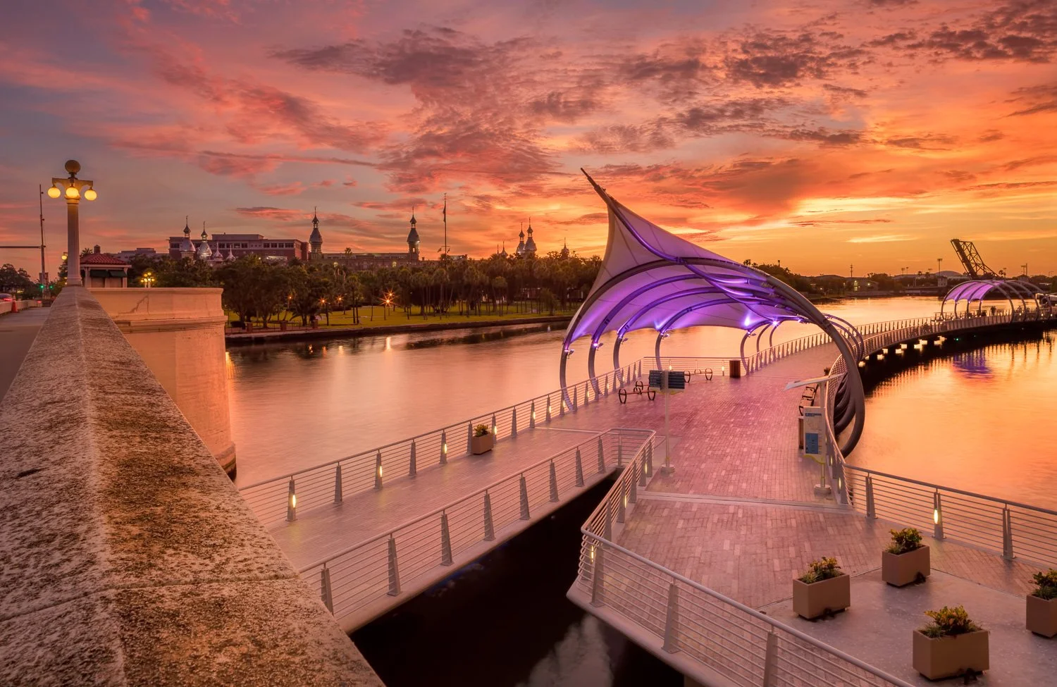 Sunset over a bridge with purple illuminated canopy over a river, urban setting with historic buildings in background, and walkway along the water.  This is River Walk in downtown Tampa
