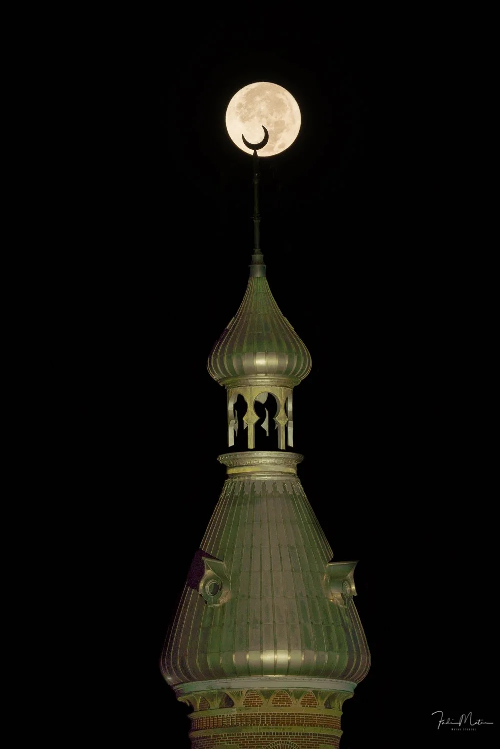 The image shows a tower with a pointed, ornate green roof and a crescent moon at the top, with the moon aligned behind the moon-shaped ornament. The background is pitch black.