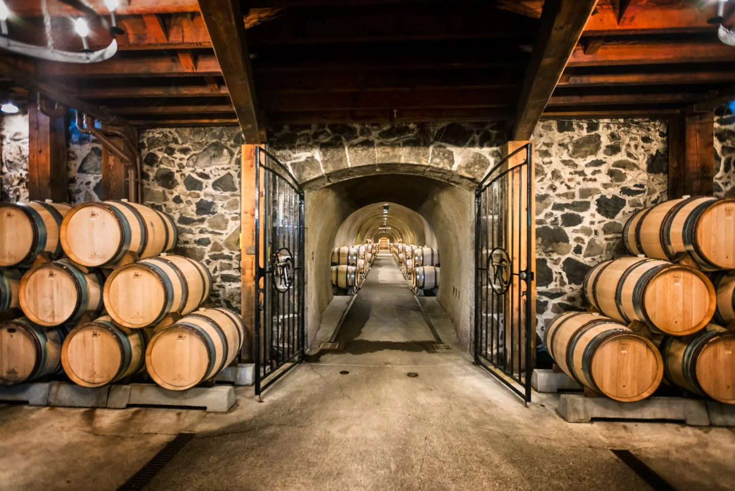 Wine cellar with barrels lined up on both sides and a tunnel in the background for wine storage or aging.