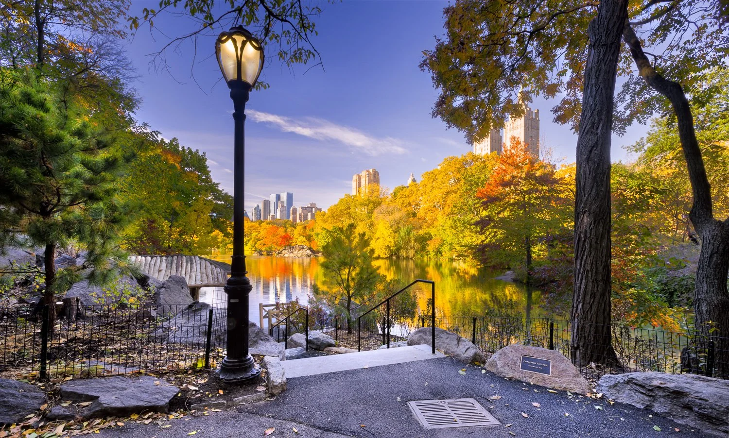 A Central Park scene in autumn with trees, a pond, and city buildings in the background, a lamppost in the foreground, and stairs leading down to the water.