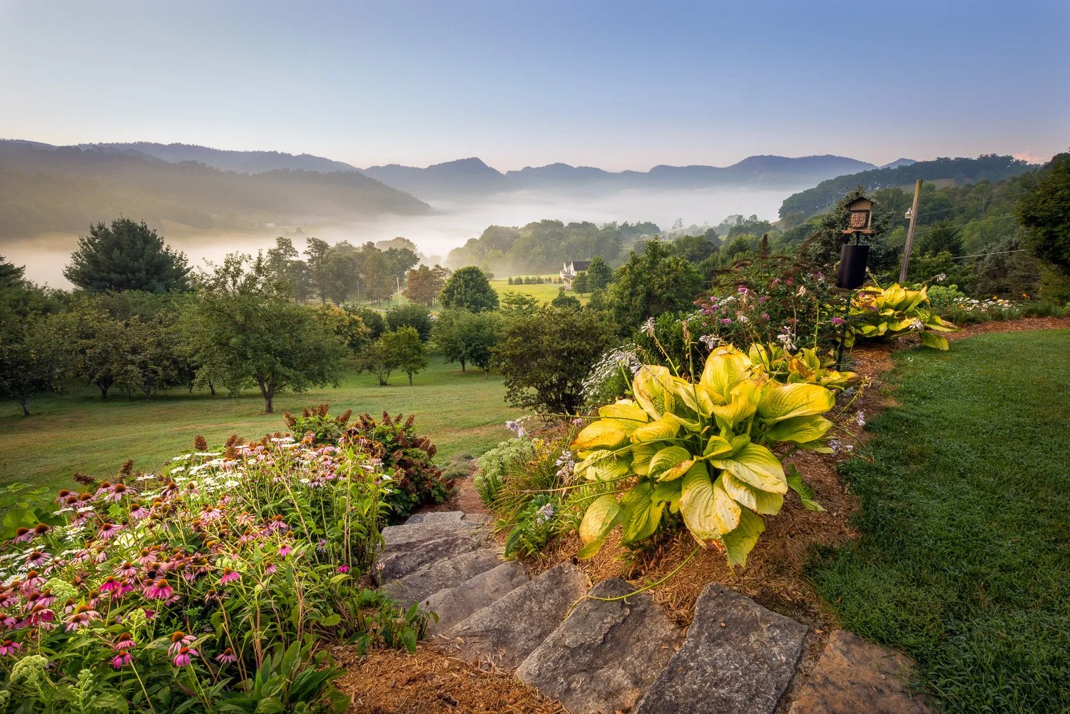 A scenic view of a lush green garden with a stone pathway, vibrant flowers, trees, and distant misty mountains.