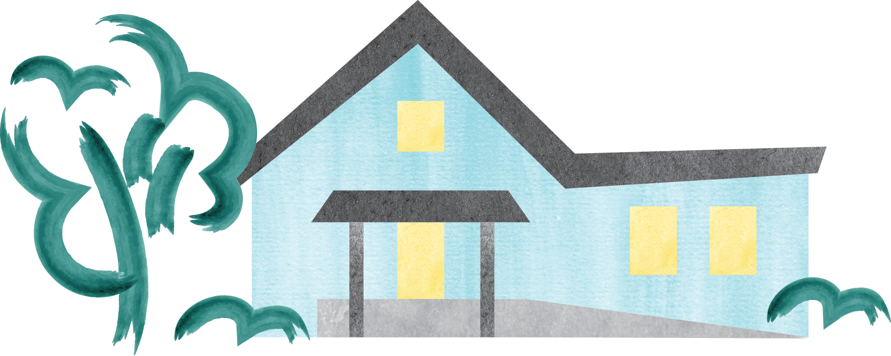 A house with a gray roof, light blue walls, yellow windows, a front porch, and ramp, with two gray columns, surrounded by green trees.