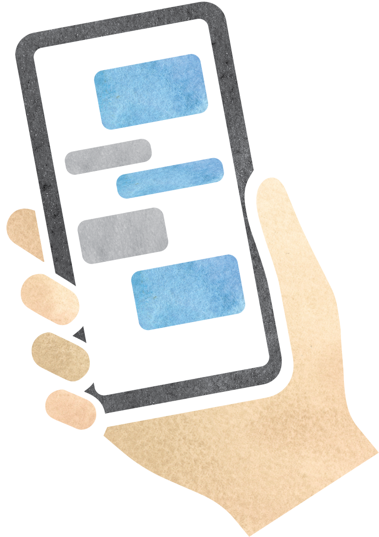 A hand holding a smartphone displaying a text message conversation with blue and gray speech bubbles.