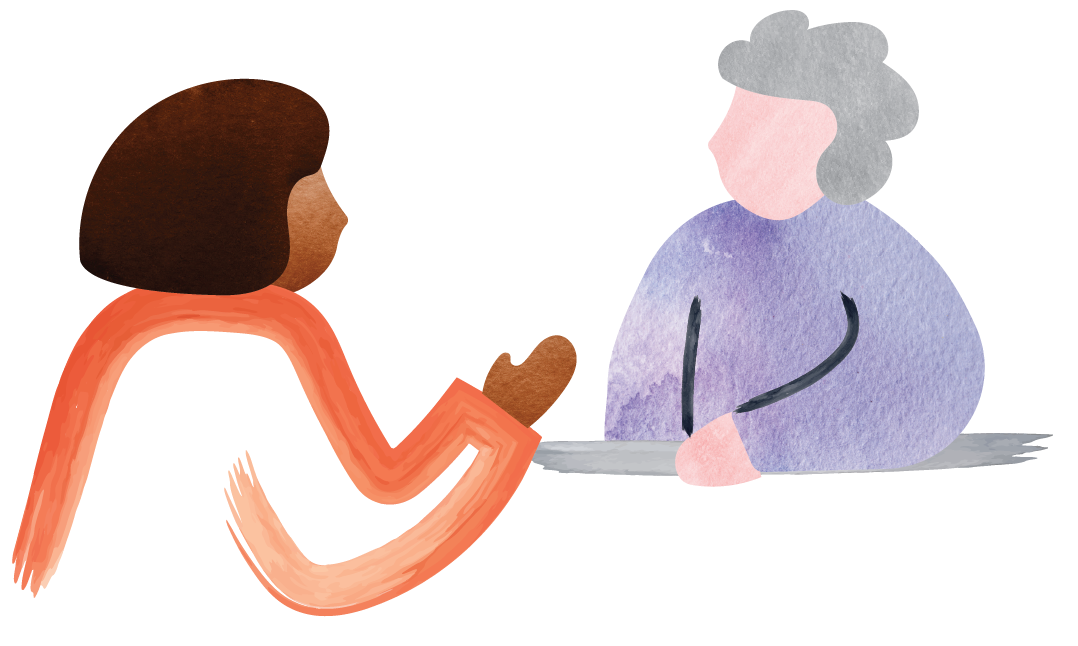 Illustration of a woman speaking with a healthcare professional at a desk.