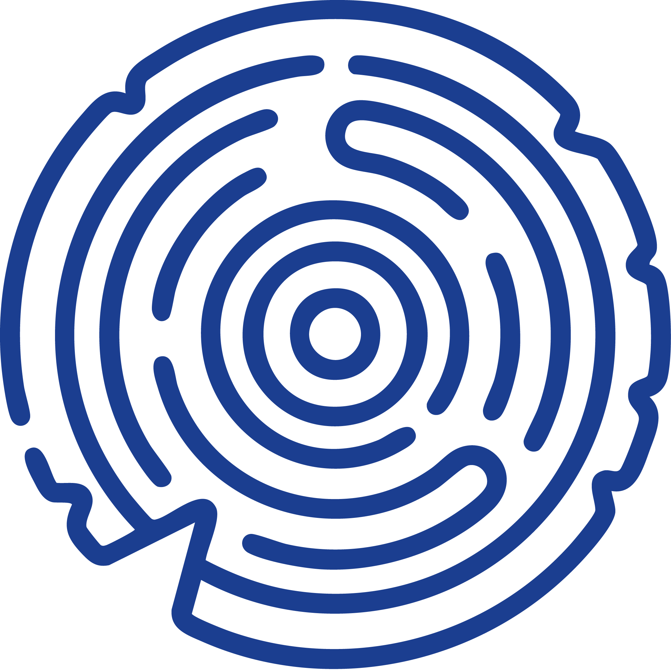 Ein blauer stilisierter Fingerabdruck auf schwarzem Hintergrund.