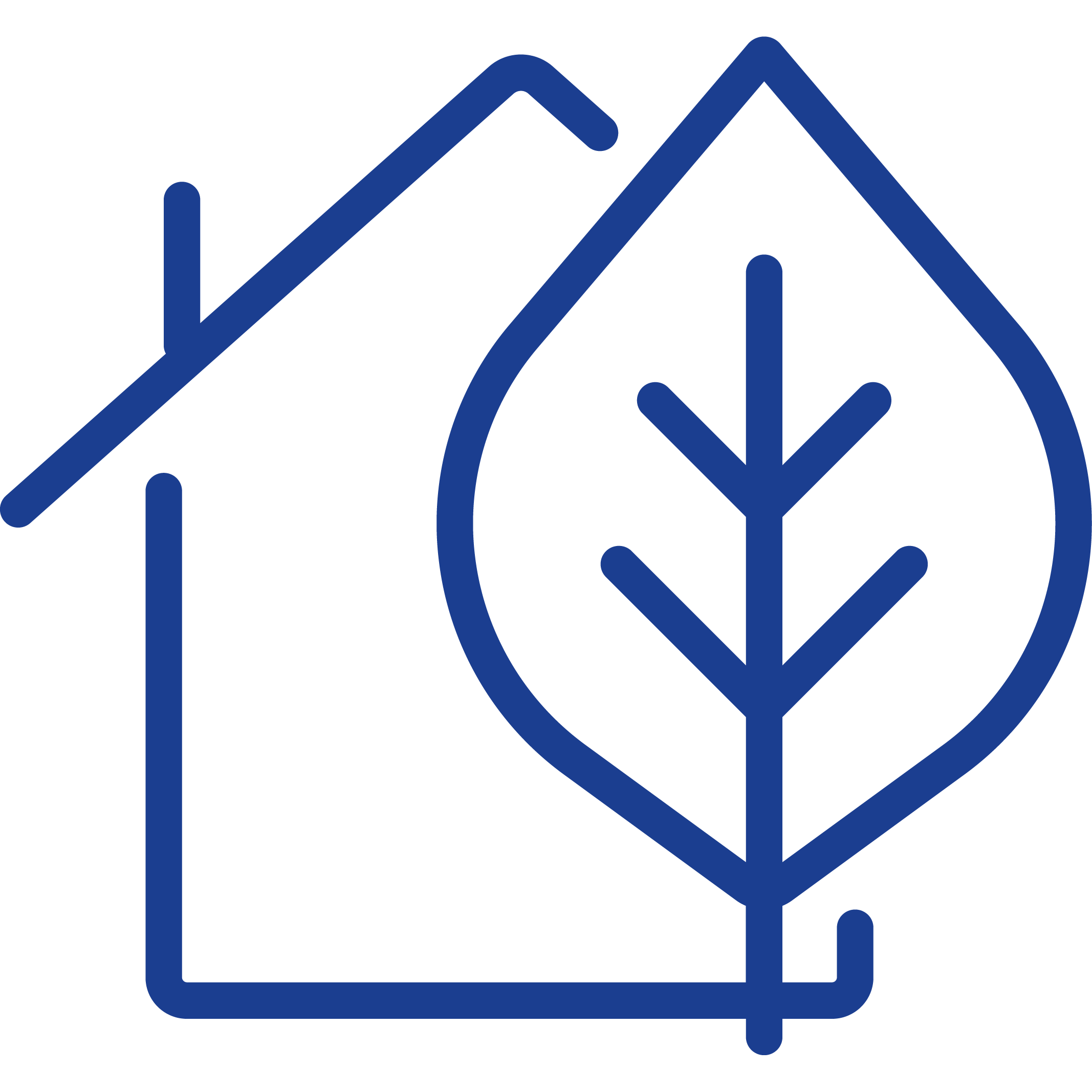 Symbol für umweltfreundliche oder nachhaltige Energie, bestehend aus einem Haus mit einem Baum und einem Blatt in Blau.