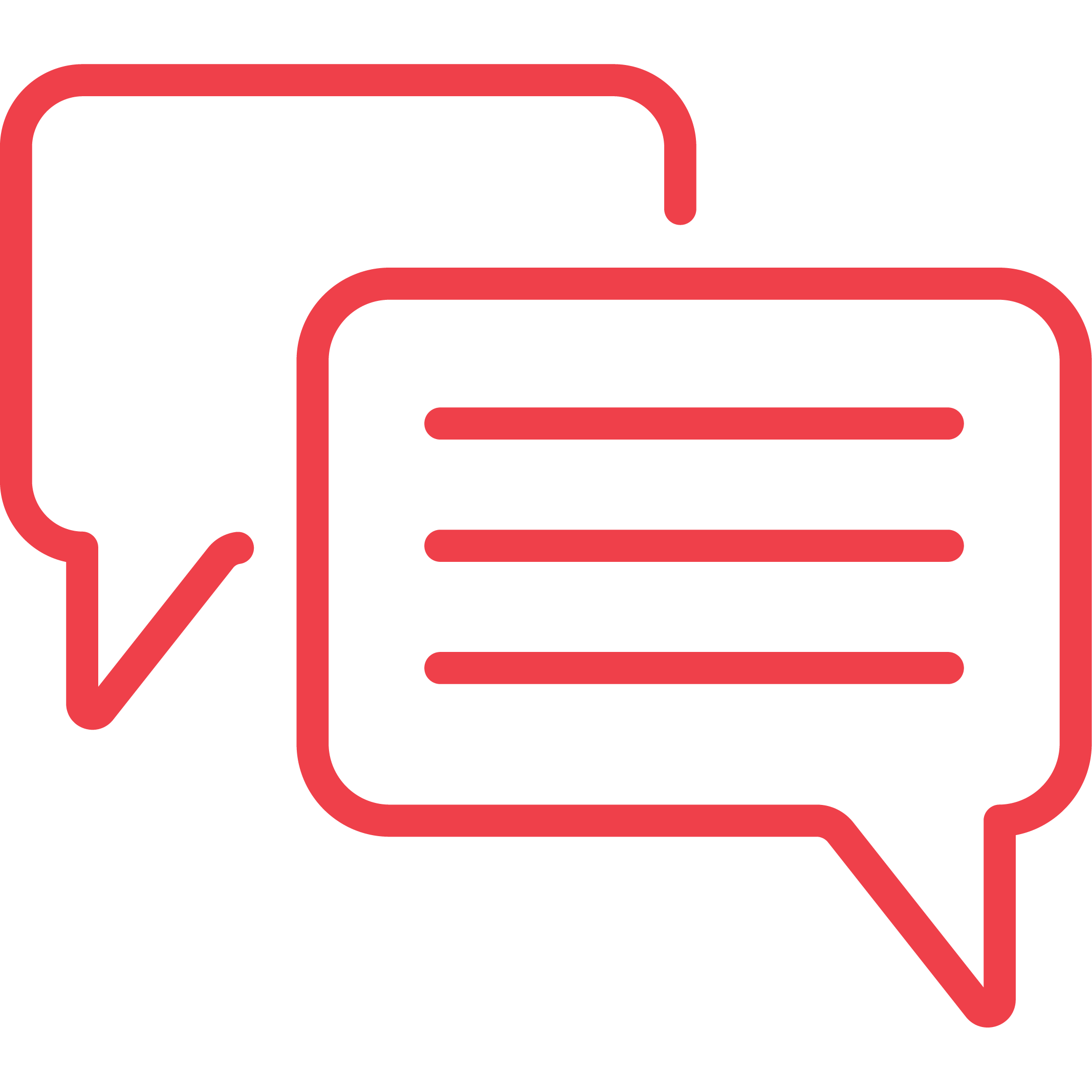 Zwei Sprechblasen, eine zeigt Linien, die eine Nachricht darstellen, die andere ist leer, im roten und schwarzen Design.