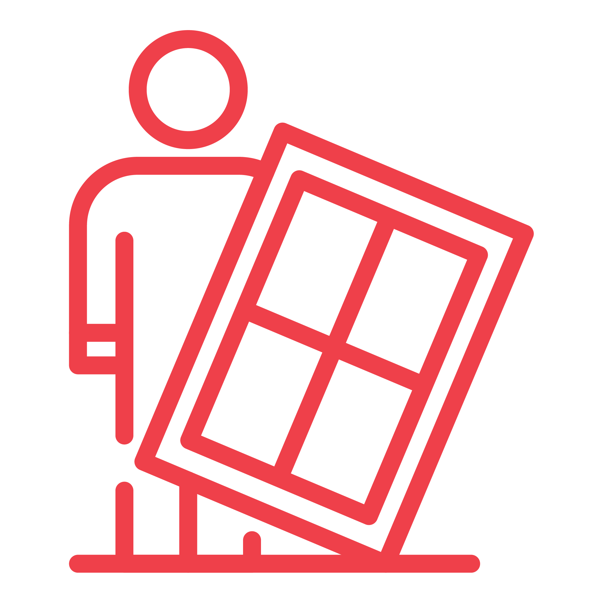 Symbol eines Menschen, der einen aufgestellten Windschutzschirm hält, in roter Linienzeichnung auf schwarzem Hintergrund.