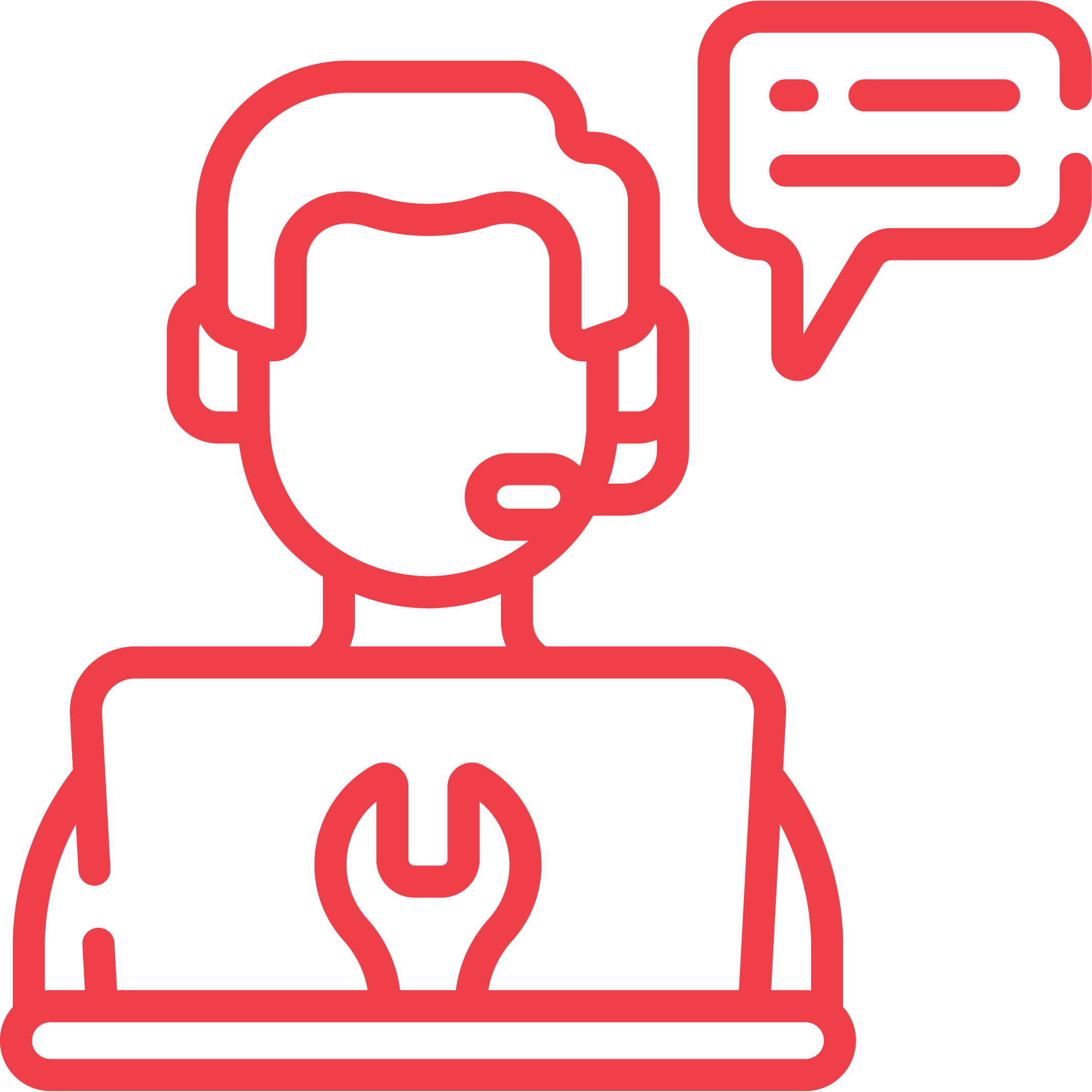 Icon eines Mitarbeiters mit Headset vor einem Laptop, mit Sprechblasen.