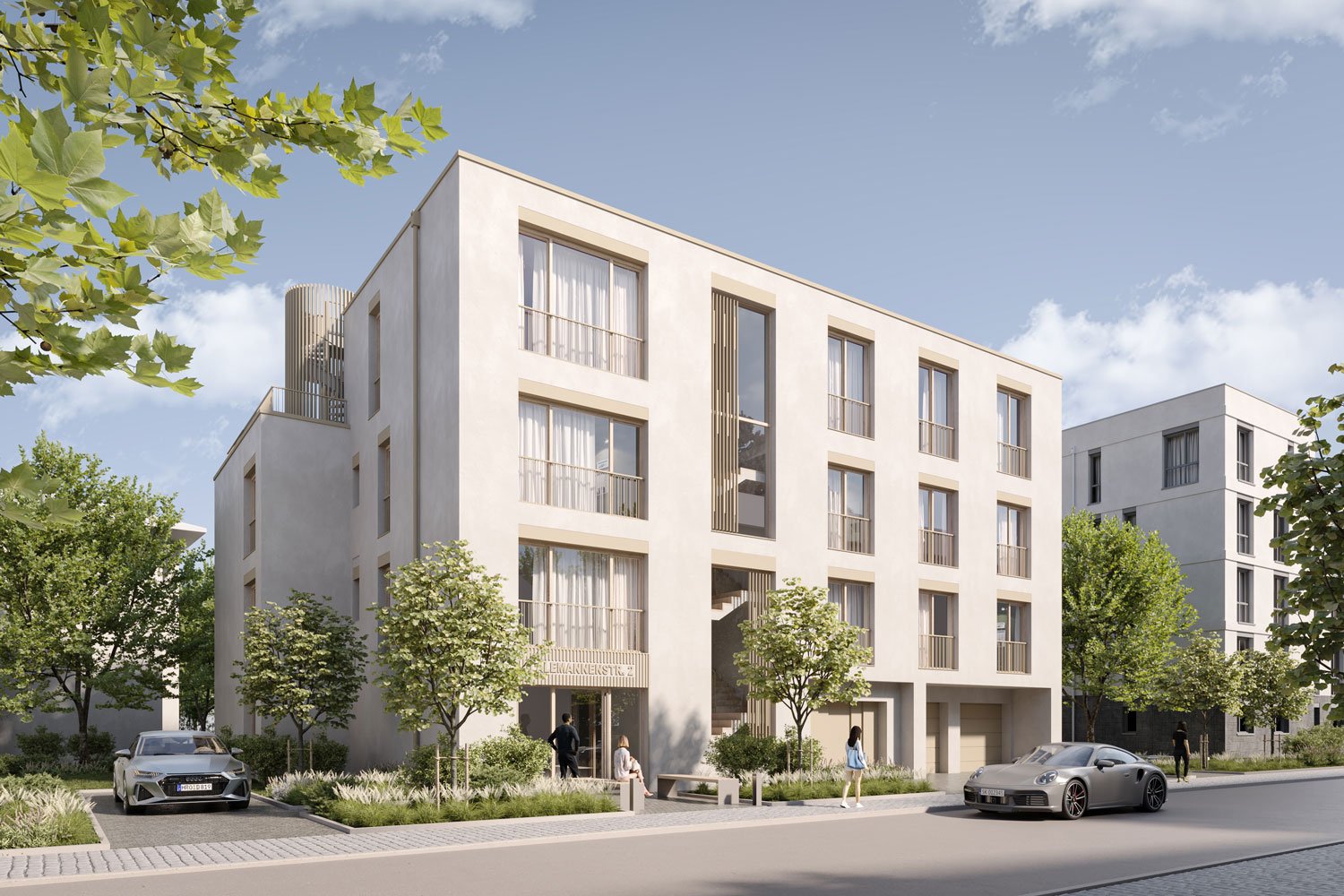 Moderne weiße Mehrfamilienhäuser mit großen Kunststoff-Fenstern, wärmedämmend, energieeffizient