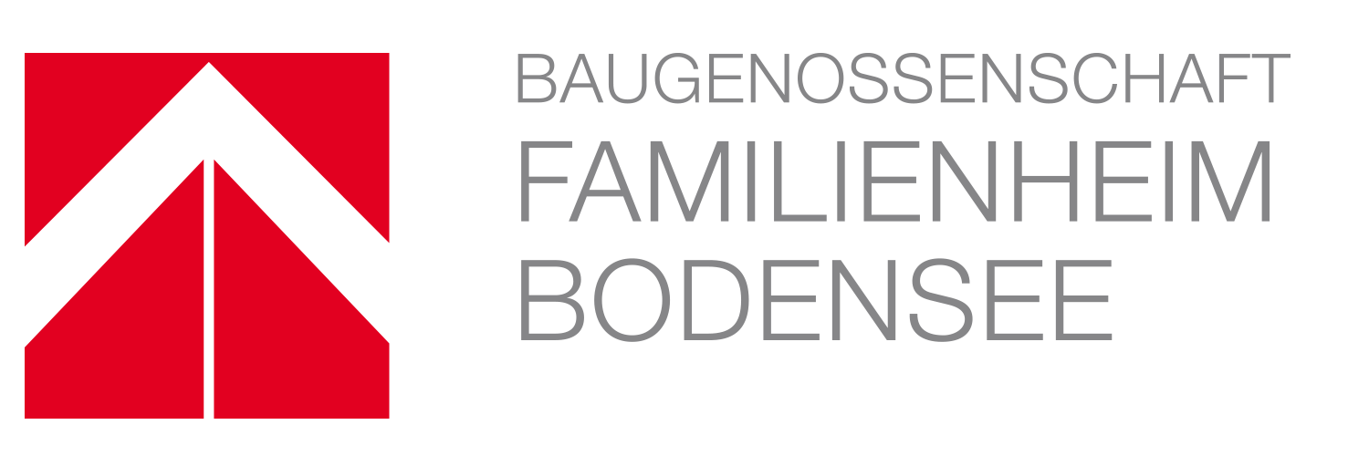 Logo der Baugenossenschaft Familienheim Bodensee mit schwarzem Pfeil auf rotem Hintergrund und schwarzer und grauer Schrift