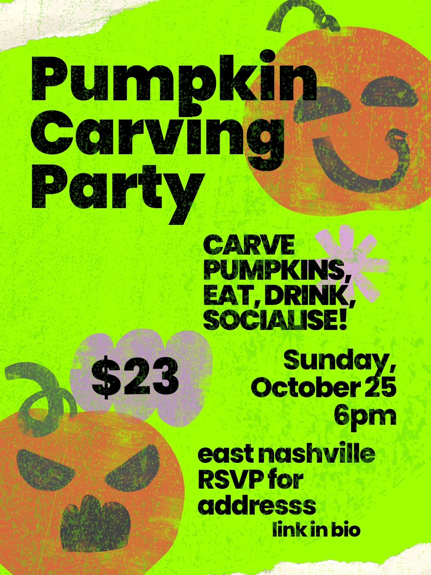 You guys asked for pumpkin carving, so here it is!! This'll be an instructed class  but with a Halloween party vibe 🦇 we'll have snacks, drinks, and spooky ambiance! Advanced pumpkin carvers are welcome to come and ignore my instruction too 💚 ticke