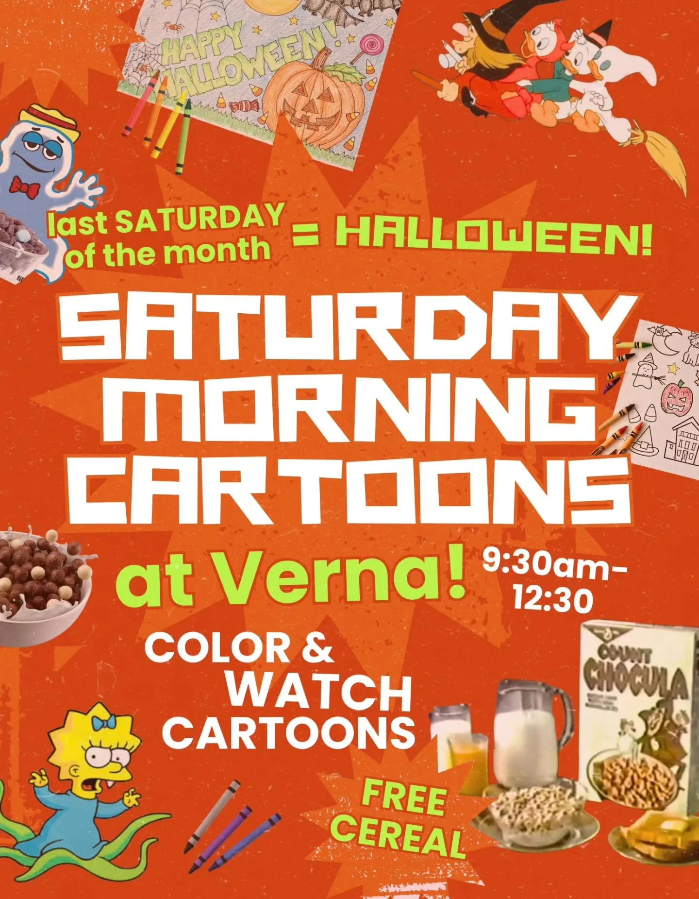 This month we're doing Saturday Morning Cartoons ON HALLOWEEN!!🦇!!!!! Come start your Halloween festivities early with coloring pages, retro cartoon Halloween specials, and FREE CEREAL 🥣 
please please please RSVP at the link in our bio