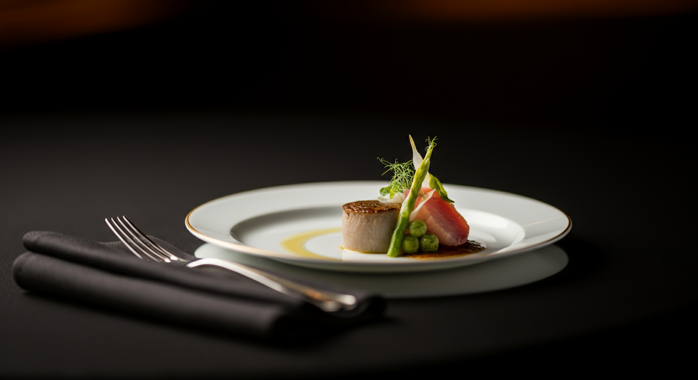 Elegant plated gourmet dish with seared scallop, sliced watermelon, green peas, asparagus, and greens on a white plate, set on a black table with black napkin and silver fork.