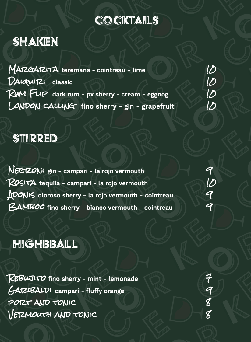 Menu with cocktail options, divided into shaken, stirred, and highball categories, with various drink names and ingredients listed.