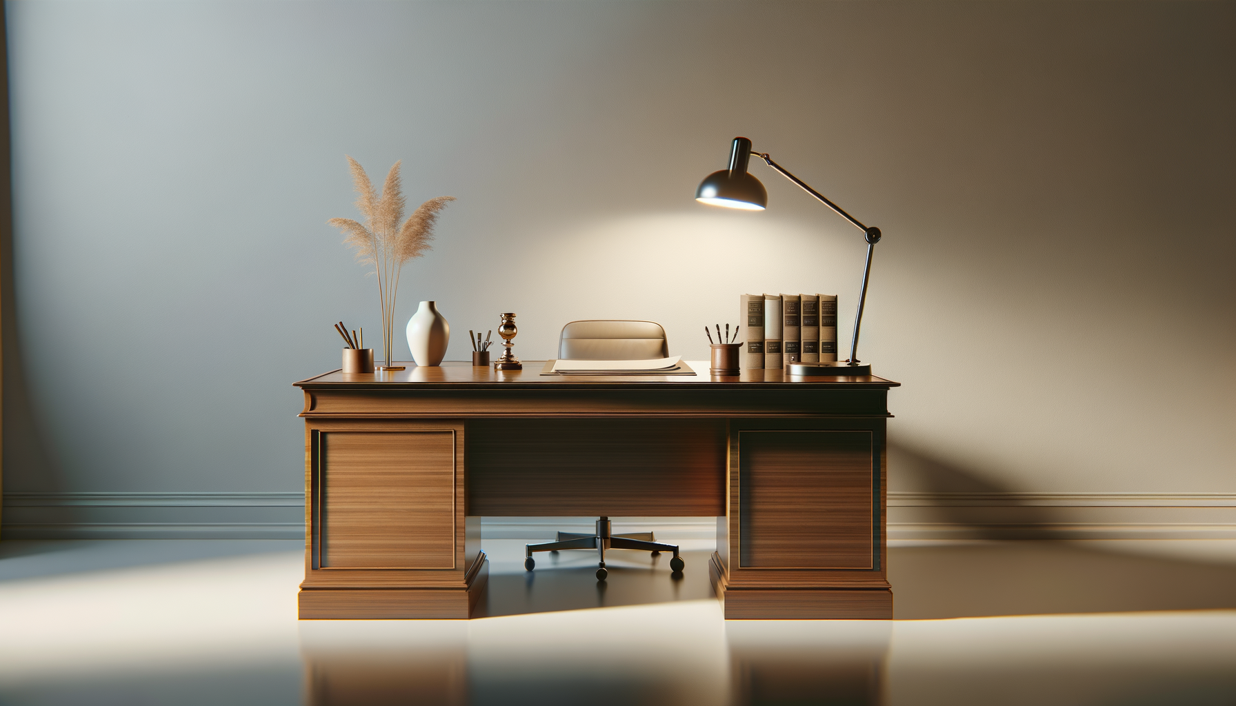 Empty executive office desk with a modern adjustable desk lamp, a white vase, a vintage candlestick, binders, and decorative plants against a plain beige wall.