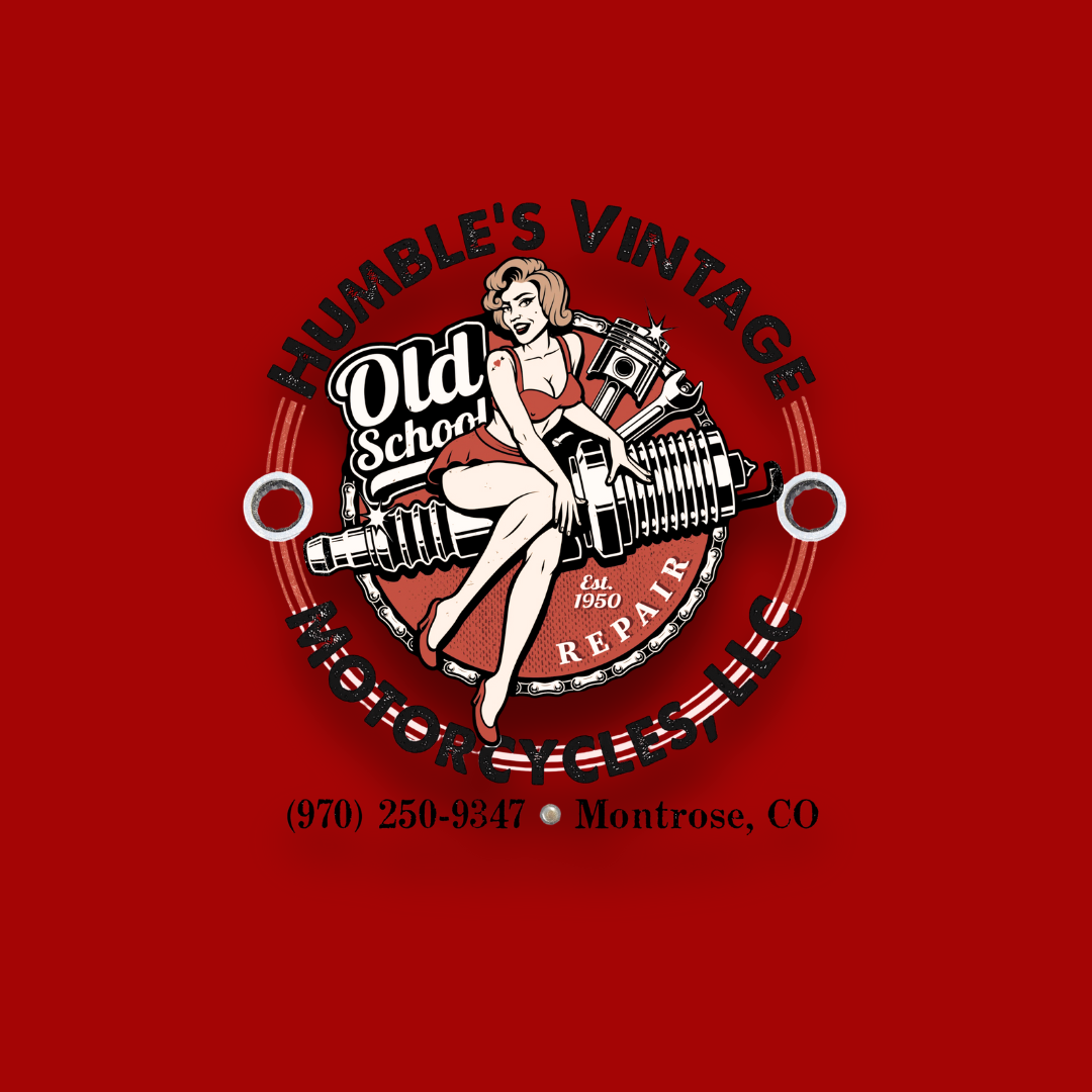 Vintage-style logo for Humble's Vintage Motorcycles Repair featuring a pin-up girl sitting on a piston, with tools and mechanical elements, and text indicating location in Montrose, Colorado.