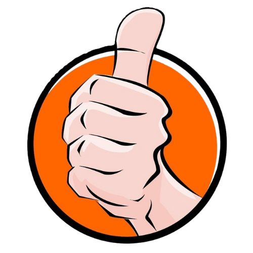 A cartoon illustration of a hand giving a thumbs-up sign, with a pink hand and a bright orange circular background.