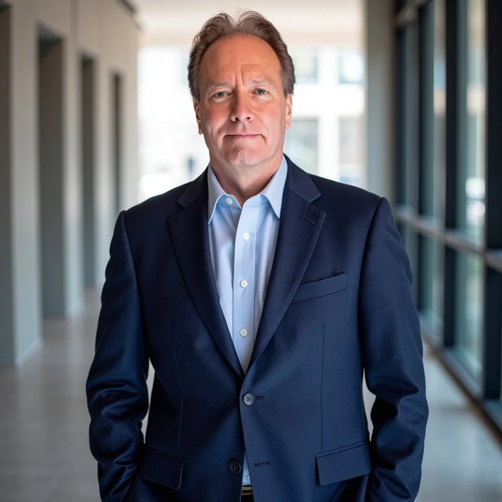 A middle-aged man in a dark blue suit and light blue shirt stands in a modern office corridor with large windows, looking directly at the camera.
