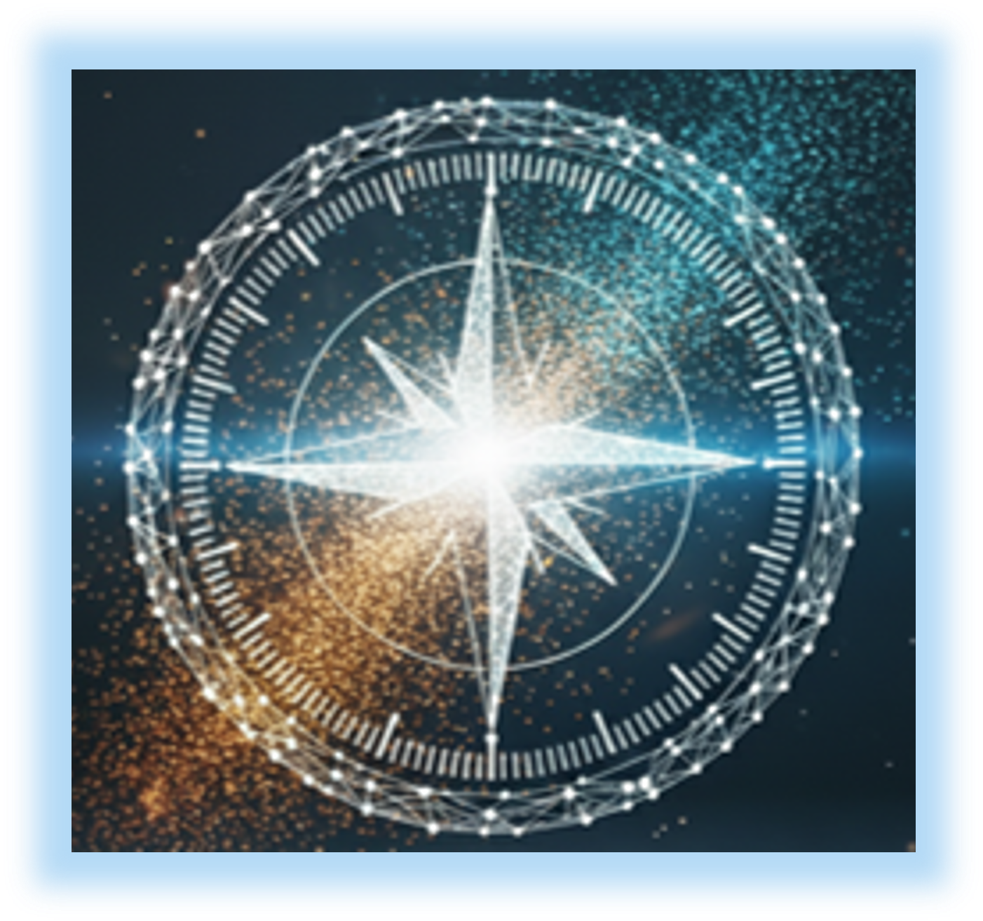 Digital glowing compass with a star at the center, surrounded by a circular grid and constellations, floating in a starry space background.