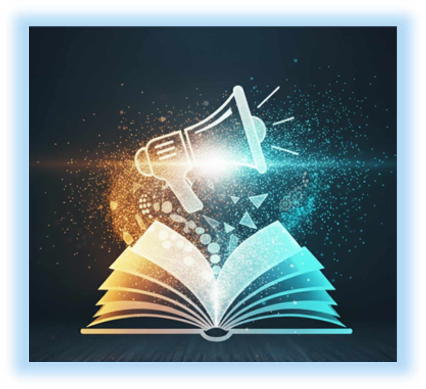 A digital illustration of a glowing open book with a megaphone above it, emitting colorful particles and light.