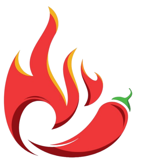 A red chili pepper surrounded by stylized flames.