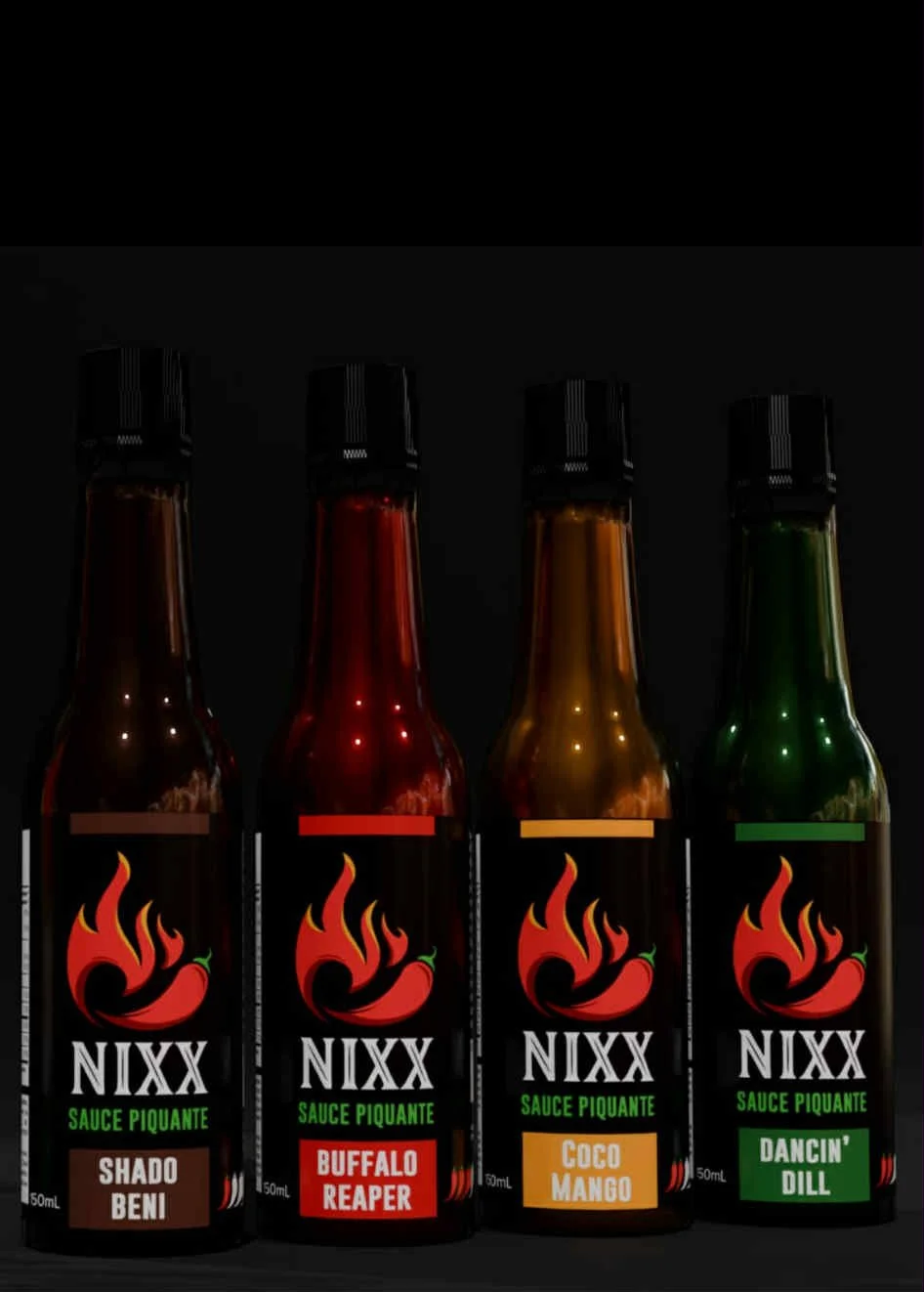 Four bottles of NIXX hot sauce with black labels, colorful caps, and colorful text labels reading Shado Beni, Buffalo Reaper, Coco Mango, and Dancin' Dill, all against a black background.