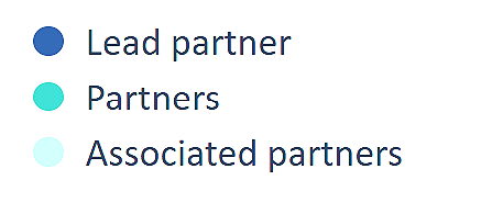 Legend with three circles and labels: blue circle labeled 'Lead partner,' teal circle labeled 'Partners,' light blue circle labeled 'Associated partners.'