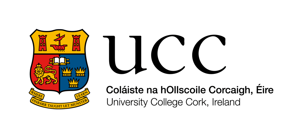 Logo of University College Cork, Ireland, featuring a colorful coat of arms and text in Irish and English.