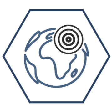 Icon of the Earth with a hand holding a target or circle above it, enclosed in a hexagon outline.