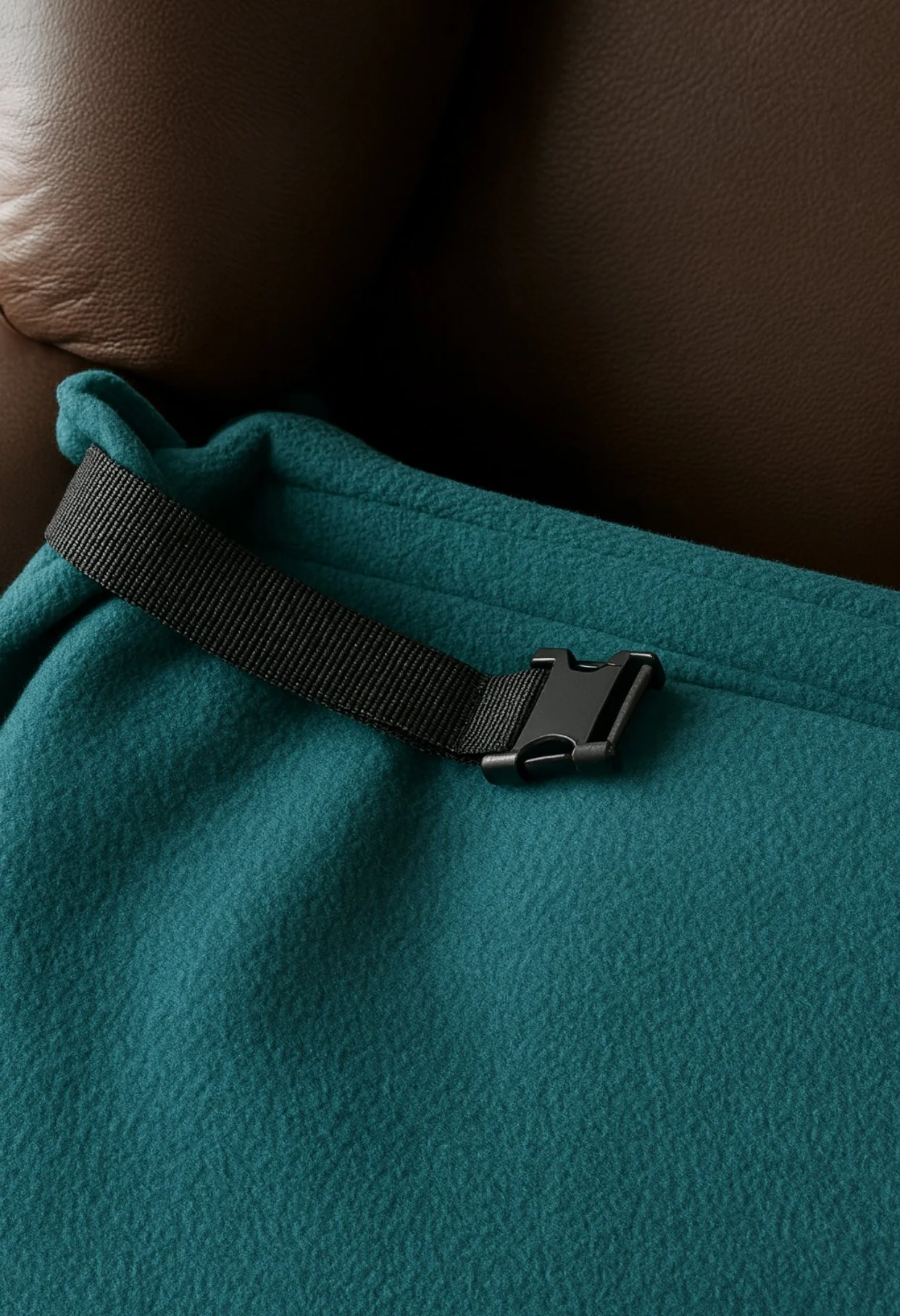 The buckle on the NestHug blanket, used for attaching it to a chair or recliner.