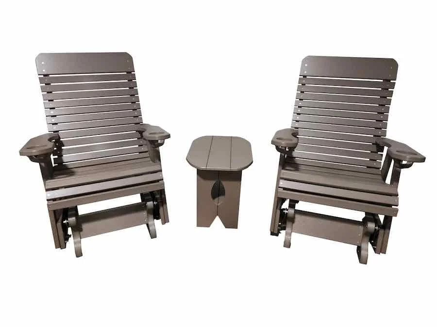 Two brown wooden outdoor chairs with armrests and a small matching table between them, all placed against a white background.