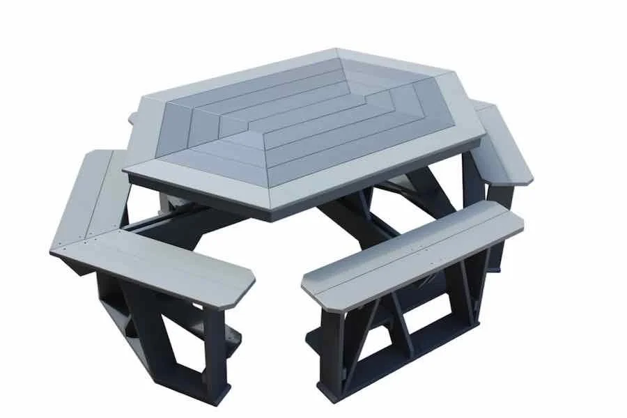 A gray and black hexagonal picnic table with attached benches