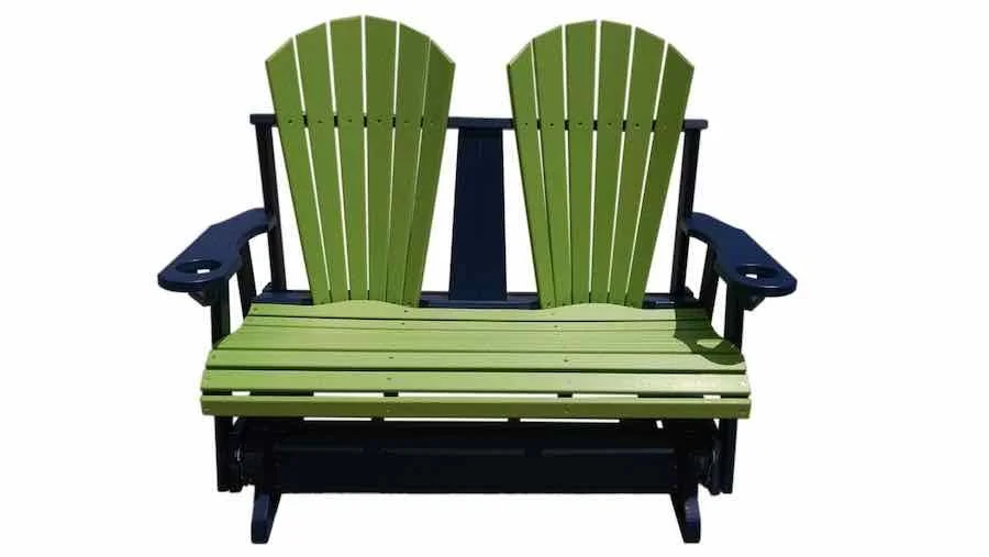 Green and black outdoor bench with two tall backrests and armrests.
