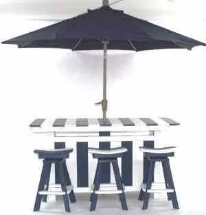 Outdoor patio setup with a large black umbrella, a white dining table with a black and white checkered top, and three matching black and white chairs.