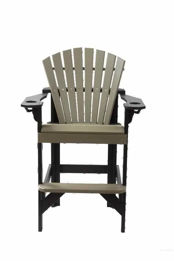 A beige and black Adirondack-style tall deck chair with a broad, slatted backrest and armrests, designed for outdoor use.