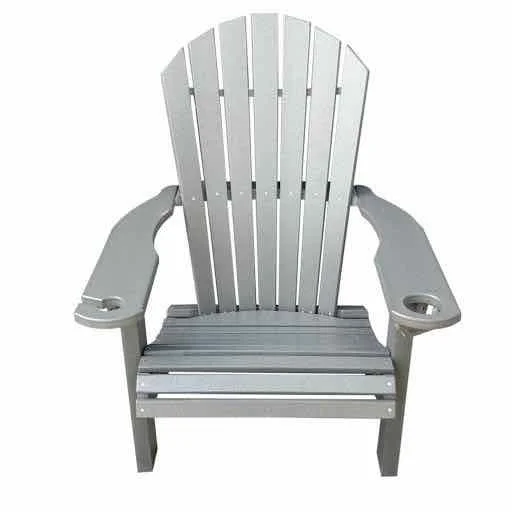 Gray Adirondack-style outdoor chair with wide armrests and a high backrest.