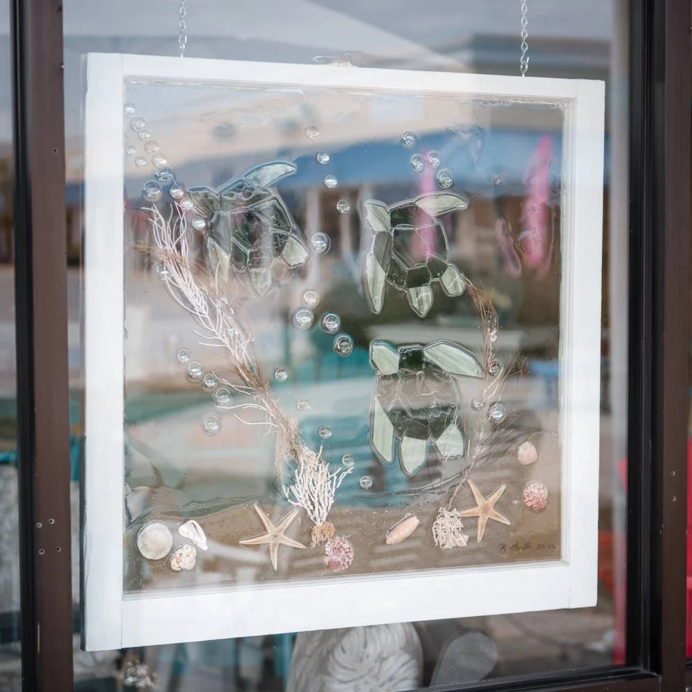 Decorative art piece with shells, starfish, and dried plants behind a glass window with a white frame.