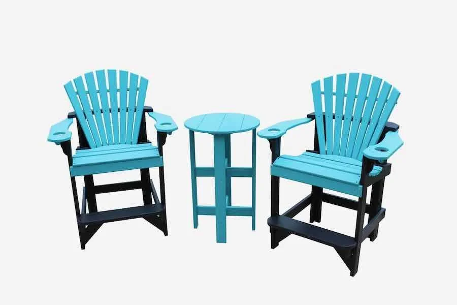 Two blue Adirondack chairs and a small round table between them against a plain white background.