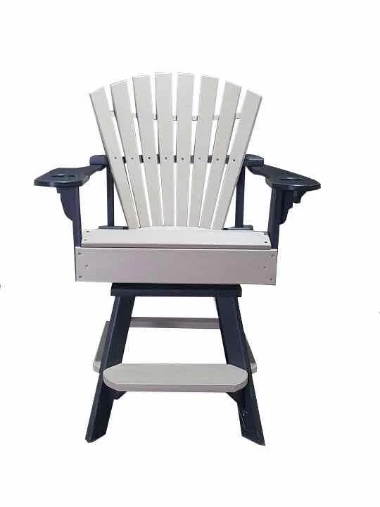 A chair designed for outdoor or patio use with a wooden back and seat, and black plastic armrests and legs.