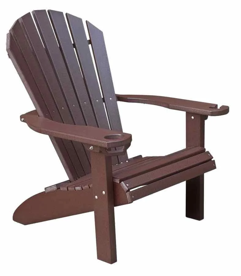 Brown wooden Adirondack style outdoor chair with armrests and a slatted backrest