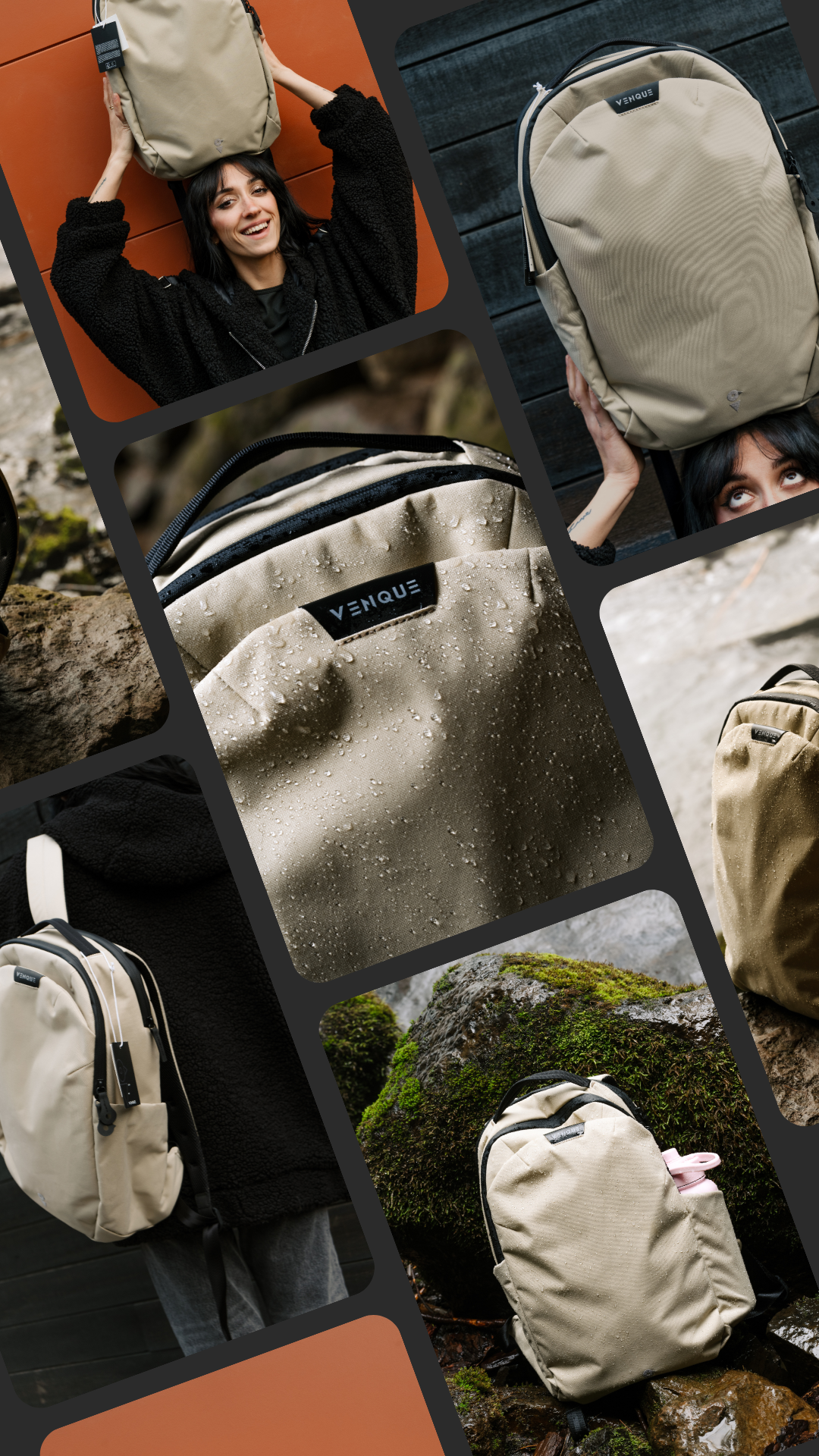 Collage of beige and black backpacks, some in outdoor settings with rocks, moss, and water, showcasing different styles and weather resistance features.