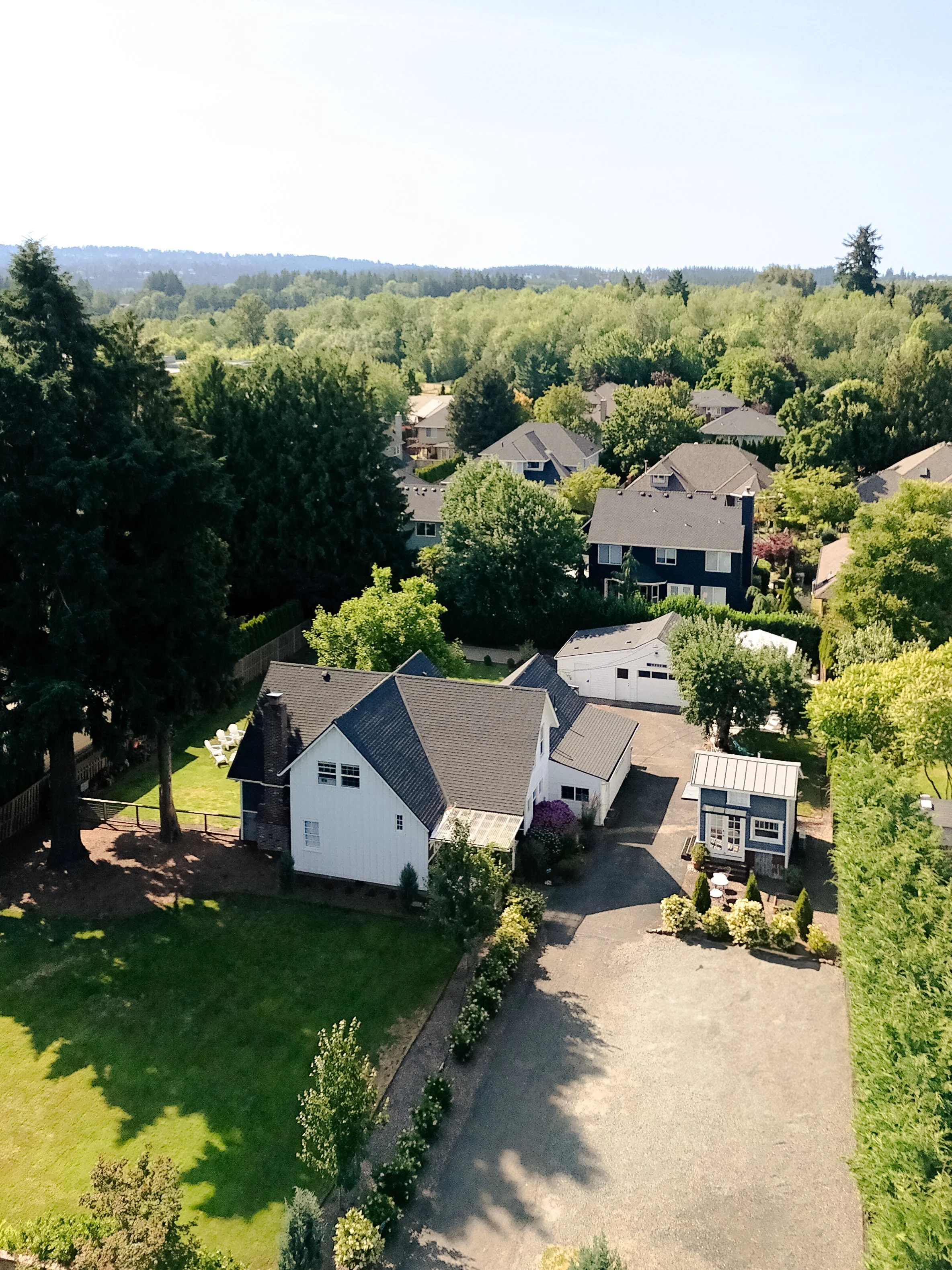 Aerial view of a suburban neighborhood with multiple houses surrounded by trees and greenery, under a clear blue sky.
