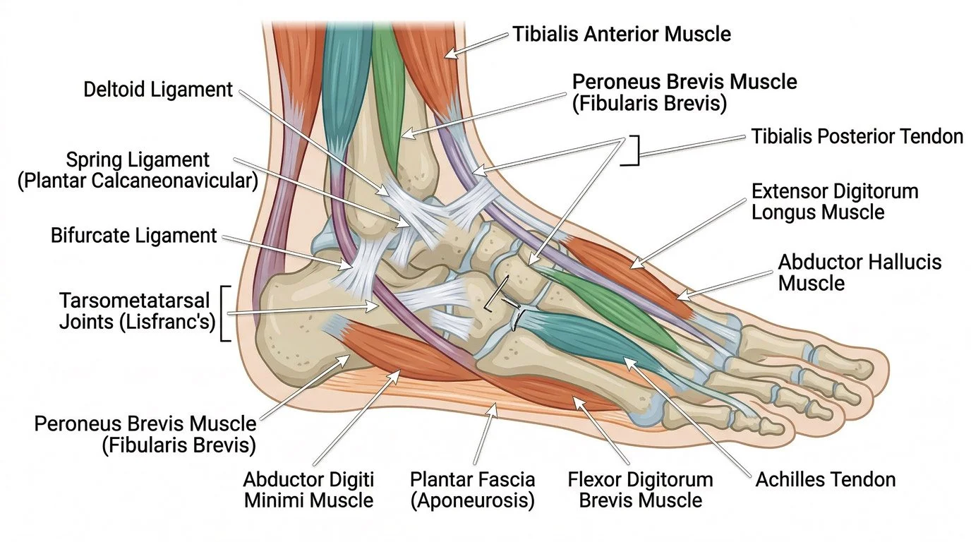 Diagram of the muscles and ligaments in the human ankle and foot, including tibialis anterior muscle, peroneus brevis muscle, tibialis posterior tendon, extensor digitorum longus muscle, abductor hallucis muscle, Achilles tendon, plantar fascia, flexor digitorum brevis muscle, abductor digiti minimi muscle, tarsometatarsal joints, bifurcate ligament, deltoid ligament, and spring ligament.