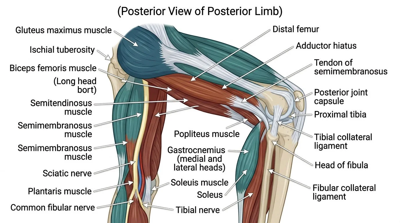A detailed diagram showing the posterior view of a human lower limb, including muscles, nerves, bones, and ligaments, with labels for structures such as gluteus maximus muscle, ischial tuberosity, biceps femoris muscle, semitendinosus muscle, semimembranosus muscle, sciatic nerve, plantaris muscle, common fibular nerve, posterior joint capsule, tibia, fibula, and various ligaments and muscles.