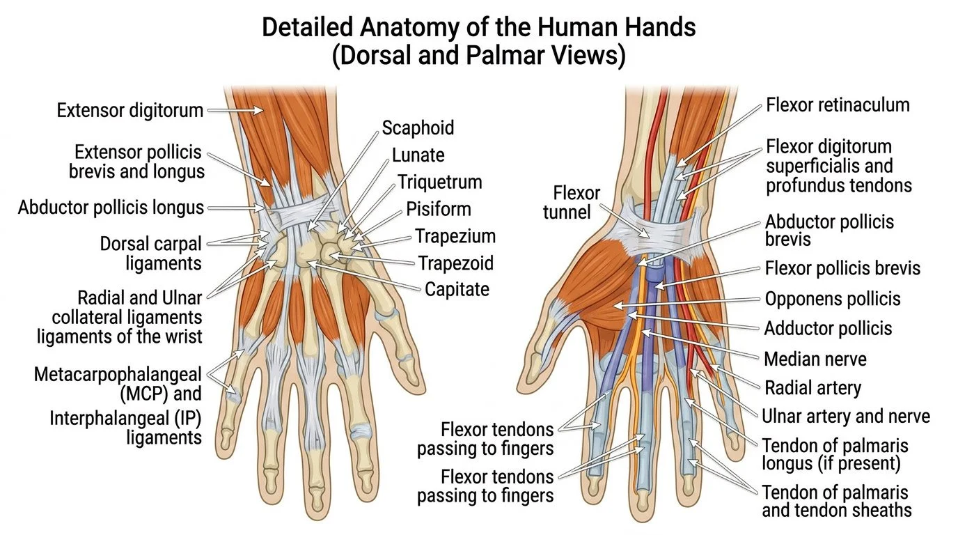 Diagram of the detailed anatomy of human hands, showing dorsal and palmar views, with labeled muscles, bones, ligaments, tendons, arteries, nerves, and other structures.