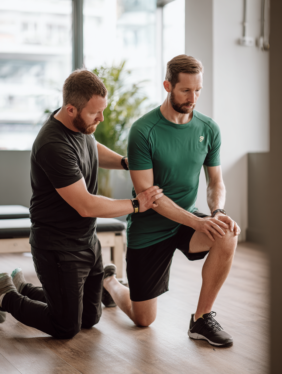 A physical therapist helping a man with knee rehabilitation exercises in a gym.