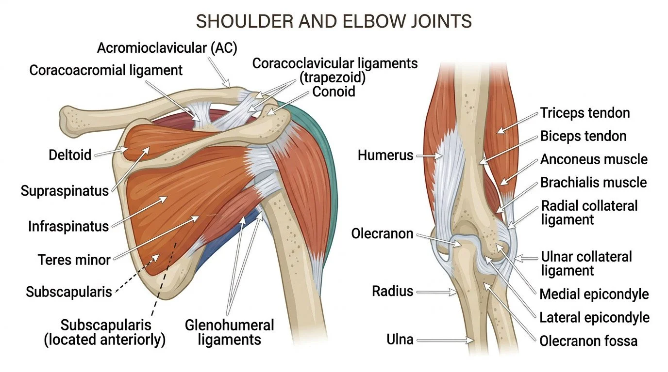 Diagram of shoulder and elbow joints showing bones, muscles, ligaments, and tendons with labels for various parts such as humerus, ulna, radius, deltoid, biceps tendon, triceps tendon, rotator cuff muscles, and ligaments.